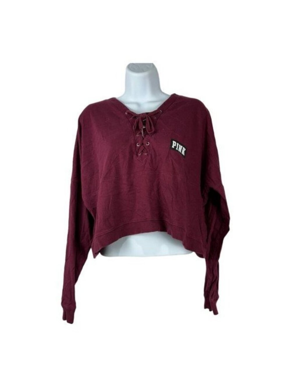 PINK Lace-Up Long Sleeve Burgundy Cropped Sweatshirt Women’s Medium 100% Cotton